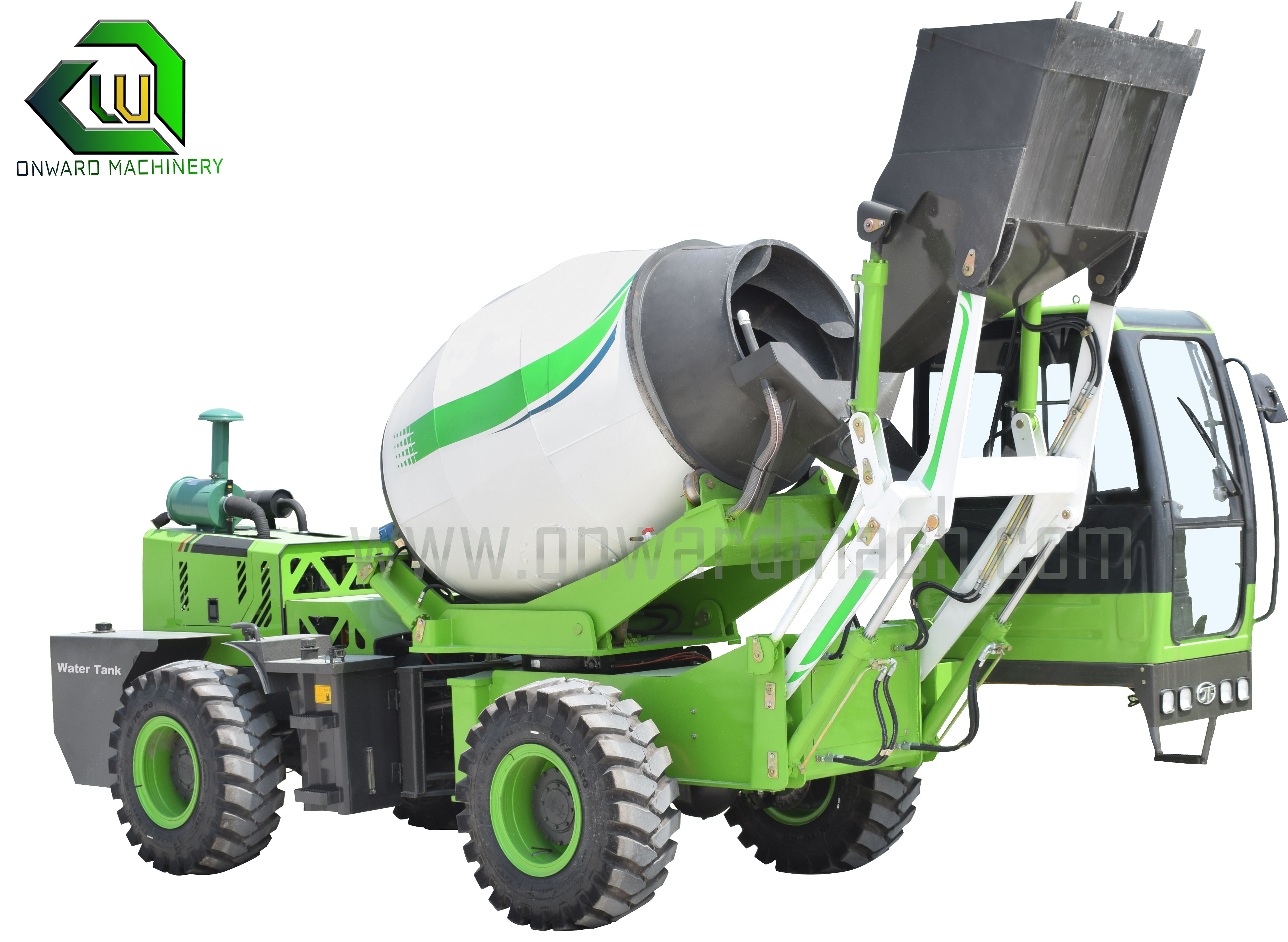 Self-loading concrete mixer